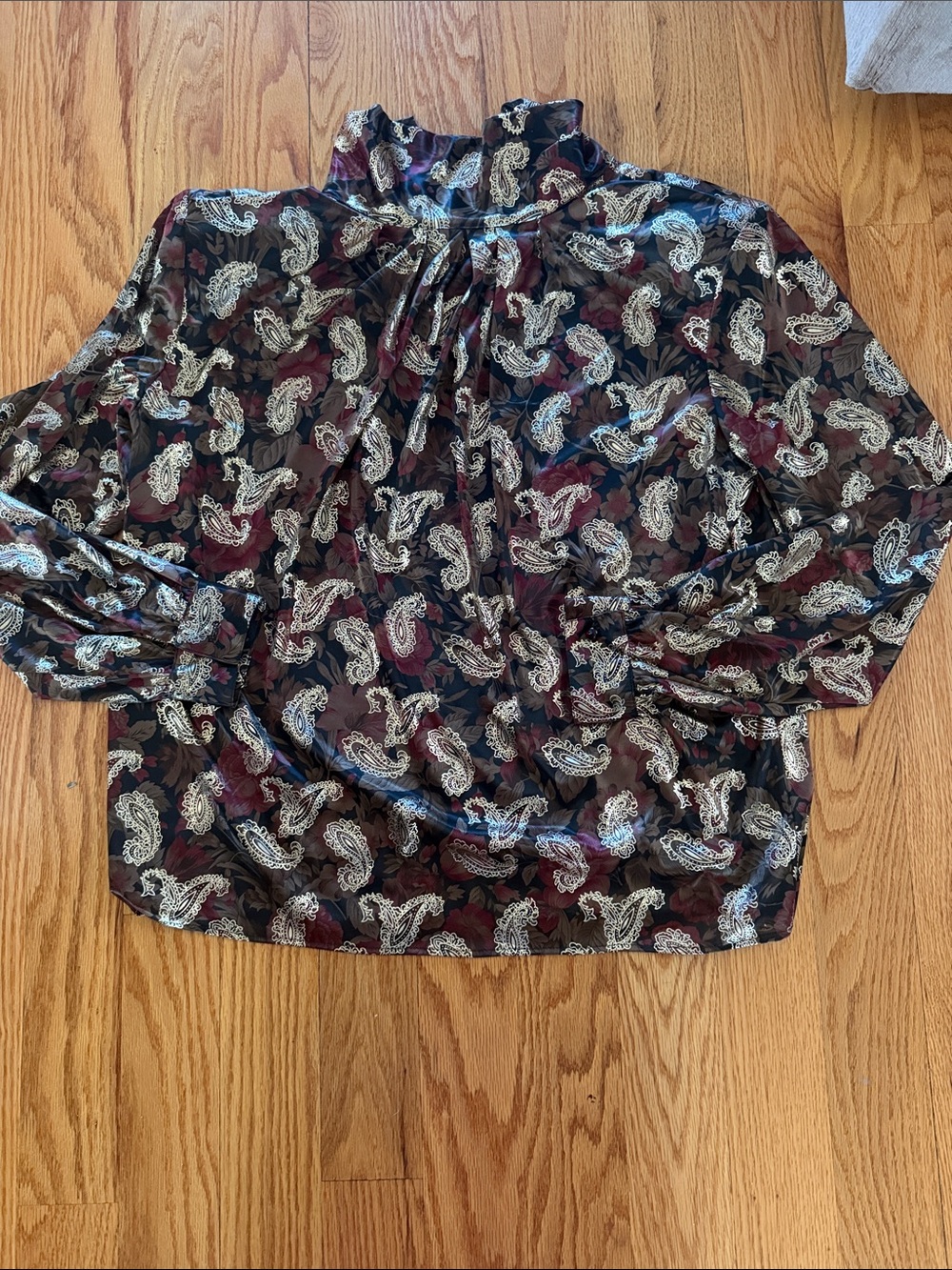 Dress Barn Paisley Mock-Neck Blouse in Black and Burgundy/Gold